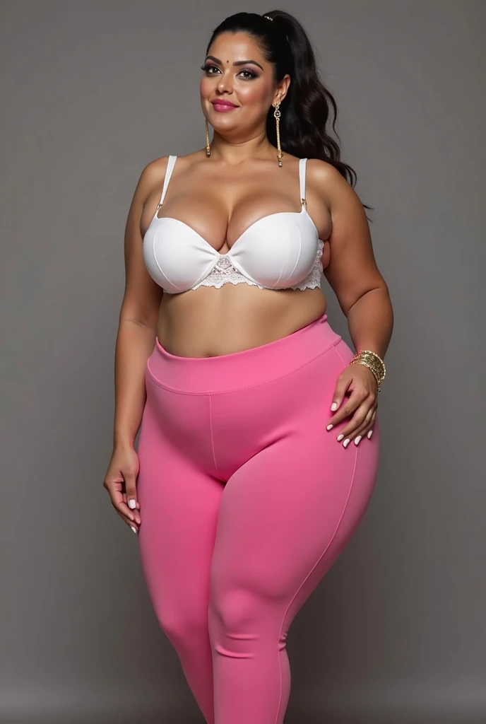 Indian bbw plus size woman,45 age, indian actress aishwarya rai face, white skin with pony tail black hair, huge very big booty, big round legs, big round 120 size ass, sitting in the floor, wear a pink Amazon leggings and white 80 size bra, dominant face ...