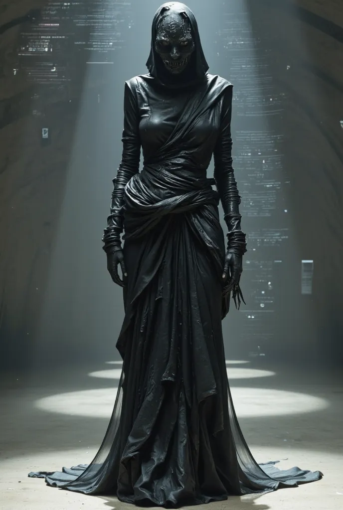 A haunting, high-fashion model in a Rick Owens-inspired dystopian outfit, blending brutalist, asymmetric drapery with distressed leather and grotesque, organic textures. The silhouette is elongated and skeletal, with exaggerated, twisted proportions. The m...