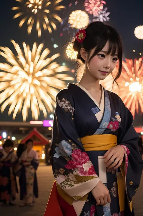   1 girl　   kimono　Fireworks Festival　 hair　   looking down 　  high image quality　  Top Quality　