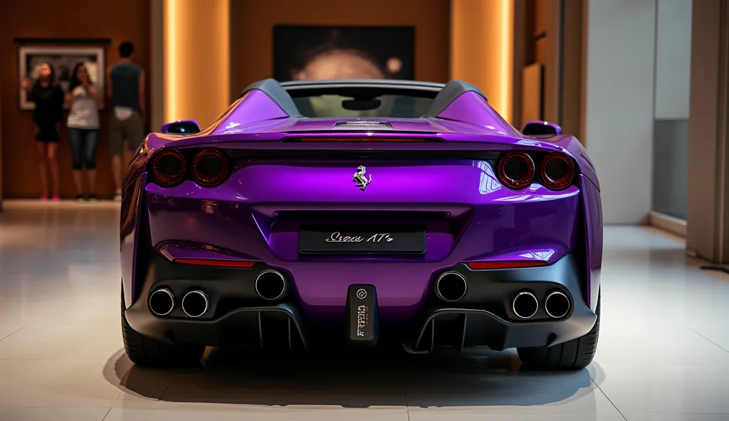 A 2025 Ferrari Roma Spider in a luxurious showroom, painted in a stunning purple color. The car is displayed prominently from the back view, showcasing its sleek design, iconic Ferrari grille, and elegant headlights. The showroom has a high-end ambiance wi...