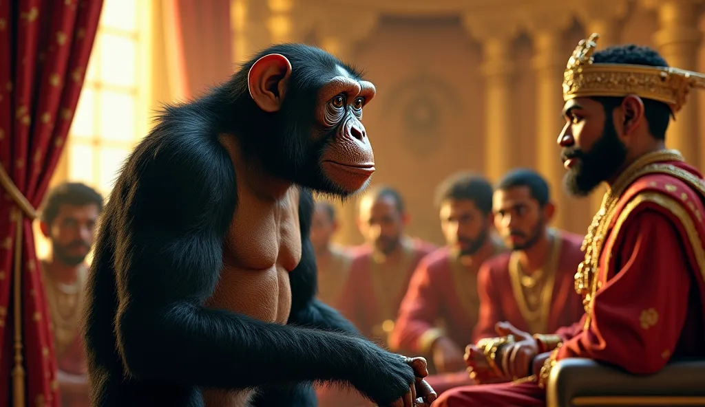 A talking Chimpanzee standing in the royal court, impressing the courtiers with his wisdom and clever expressions. The king (Indian warrior man), sitting on his throne, listens with curiosity."