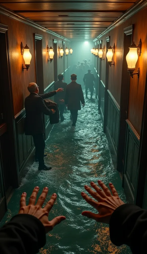 "A first-person view of the interior of the ship Titanic during the moment it is being flooded. The character's hands appear in the foreground, under pressure against the wall while trying to balance on the sloped, wet floor. Cold water quickly invades the...