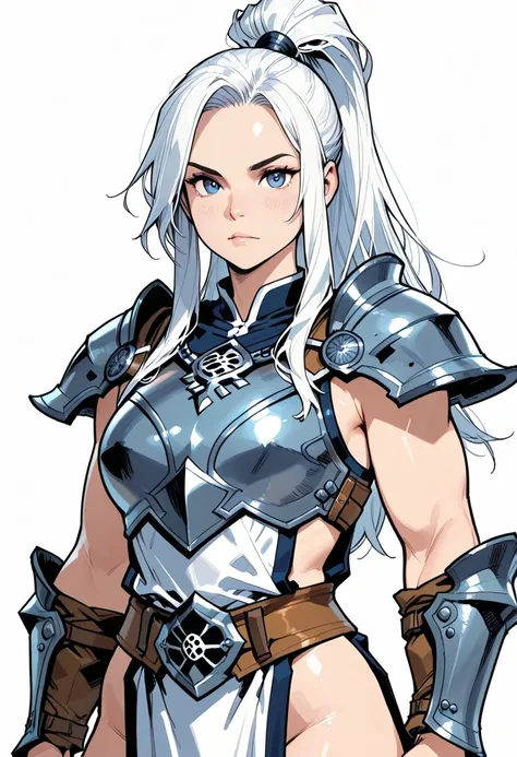 white background, Regal Tabard, Strategist Bard, High Ponytail hair, Bright White, Ornate Breastplate, Mighty Goliath nude girl