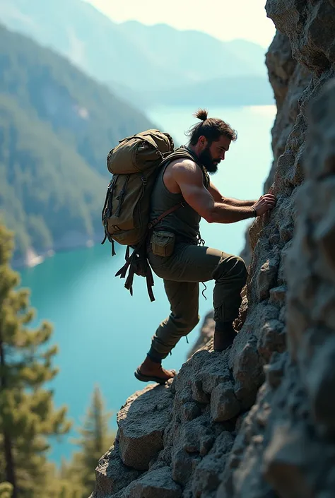 man climbing up the side of a mountain, with a bag slung over his shoulder. In the background, there is a body of water and a few trees, all of which are slightly blurred