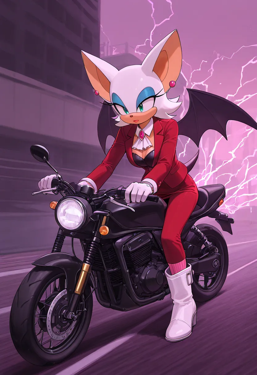 Rouge the bat, furry female, teal eyes, lipstick, white-pink gloves, Black jumpsuit, pink-heart chestplate, white boots, pink socks, bat wings,a1ka, earrings, skirt suit, brooch, detached collar, bustier, red suit, a1ka, earrings, skirt suit, brooch, ascot...