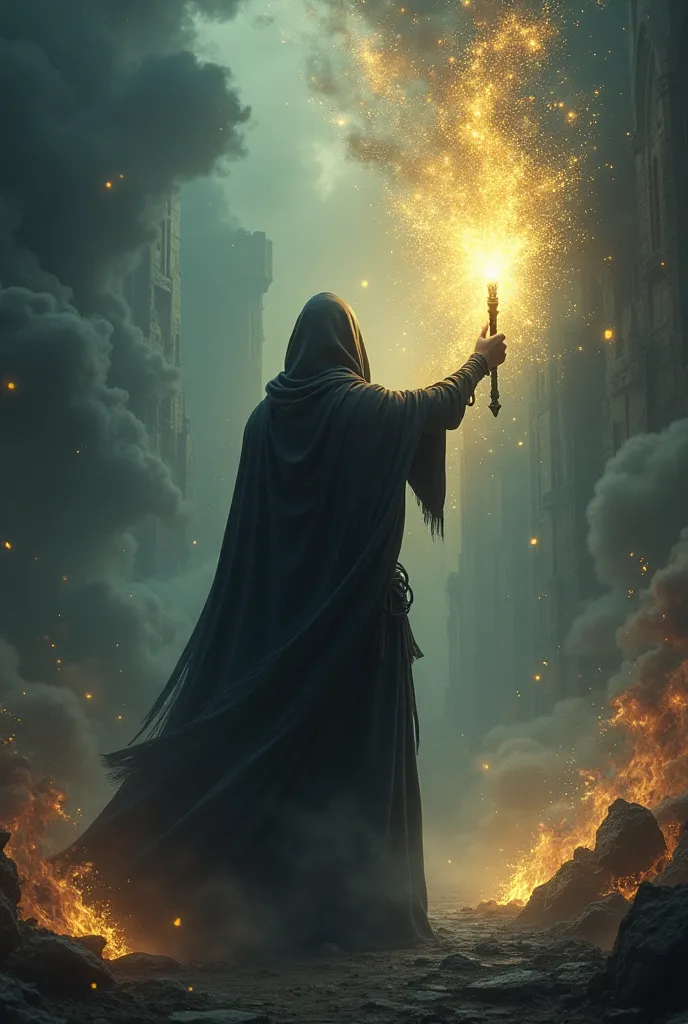 A magical scene where a figure appears holding a glowing wand. Sparkles or light emanate from the wand, beginning to transform the dark and fiery environment into something lighter and more hopeful.