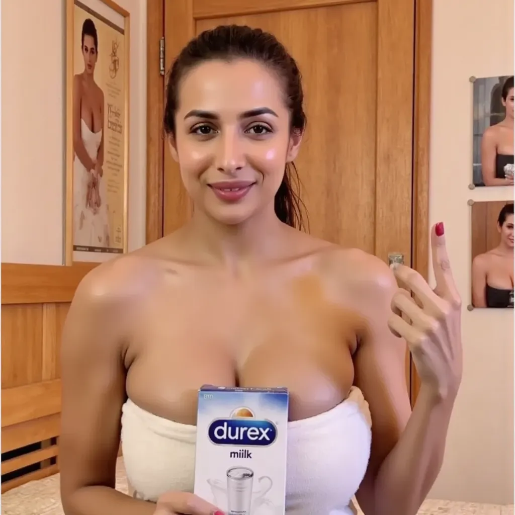 sexy indian 32 years old stepmom,big boobs,deep cleavage,sitting on bed,she is holding a large packet of durex milk flavoured condoms in right hand and pointing the index finger of her left hand towards the paacket,hairs tied,hourglass,coyly smile,looking ...