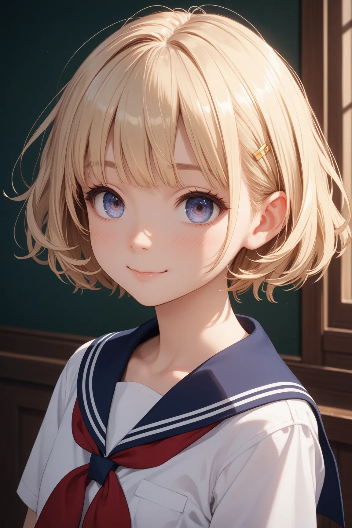 blonde hair,Short Hair,Sailor School Uniform,young beautiful girl,super slender body,Correct human body,detailed eyes,detailed face,beautiful face, cute face ,beautiful skin,Eyes of the same size left and right,droopy eyes,embarrassed smile,highest resolut...