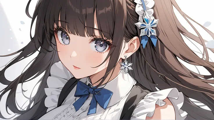 4k , 8k , it is a banner style , (only 1 female long straight black brown hair with full bangs dark blue grey eyes), part of long braid hair , very long hair, wear mini snowflake white earrings , novel , manhwa , beautiful woman , very details , perspectiv...