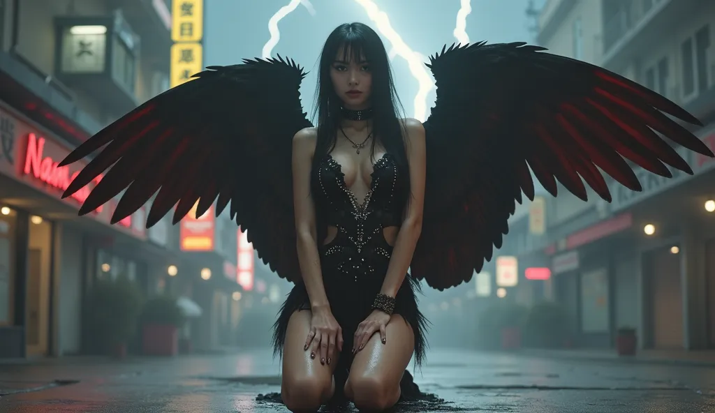 Fallen angel woman kneeling, stunning red wings, wearing a black dress with wet diamonds,  gothic makeup , dark hair loose on the shoulders and moist and impressive eyes that reflect thunder inside. Cyberpunk night scene,  cyberpunk fantasy , street at nig...