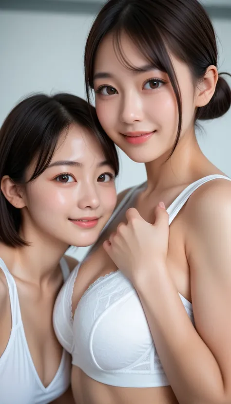 all girls hands on own chests,2girls next to each other,  score_9, score_8_up, score_7_up, rating_explicit, , best quality, (hyper realistic, photo realistic:1.2), ultra high-res, real skin, upperbody,short hair, (smile:0.8), 
BREAK ,  white gym wear, , cl...