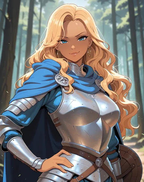 masterpiece, best quality, sleepy frippy style, solo, 1girls, blonde hair, long hair, wavy hair, smirk, lips, tan skin, hoop earrings, medium breasts, hand on hip, looking at viewer, plate armor, blue cloak, medieval fantasy, outdoors, forest, blurry backg...