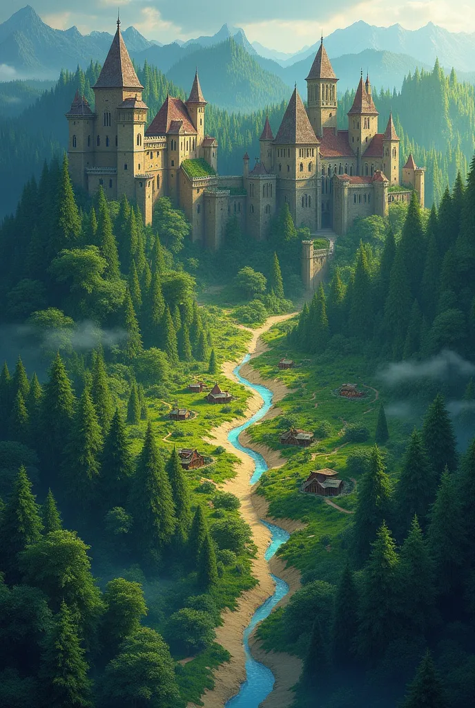 A fantasy map where three kingdoms divided by a large forest and inside the Forest there is a village. 
