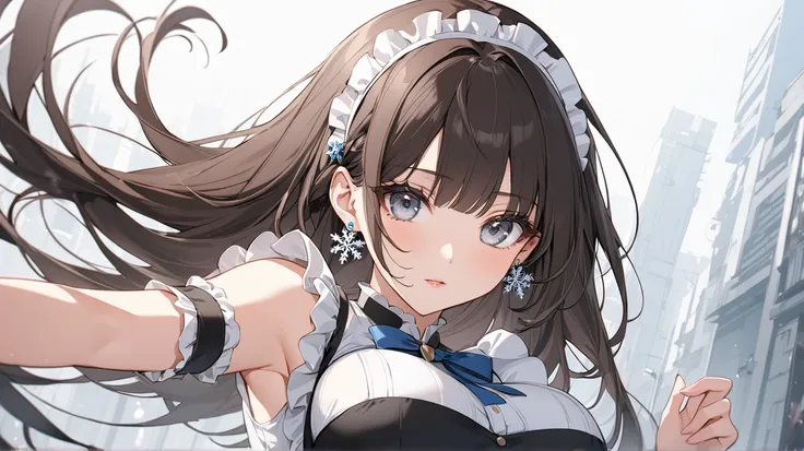 4k , 8k , it is a banner style , (only 1 female long straight black brown hair with full bangs dark blue grey eyes), part of long braid hair , very long hair, wear mini snowflake white earrings , novel , manhwa , beautiful woman , very details , perspectiv...