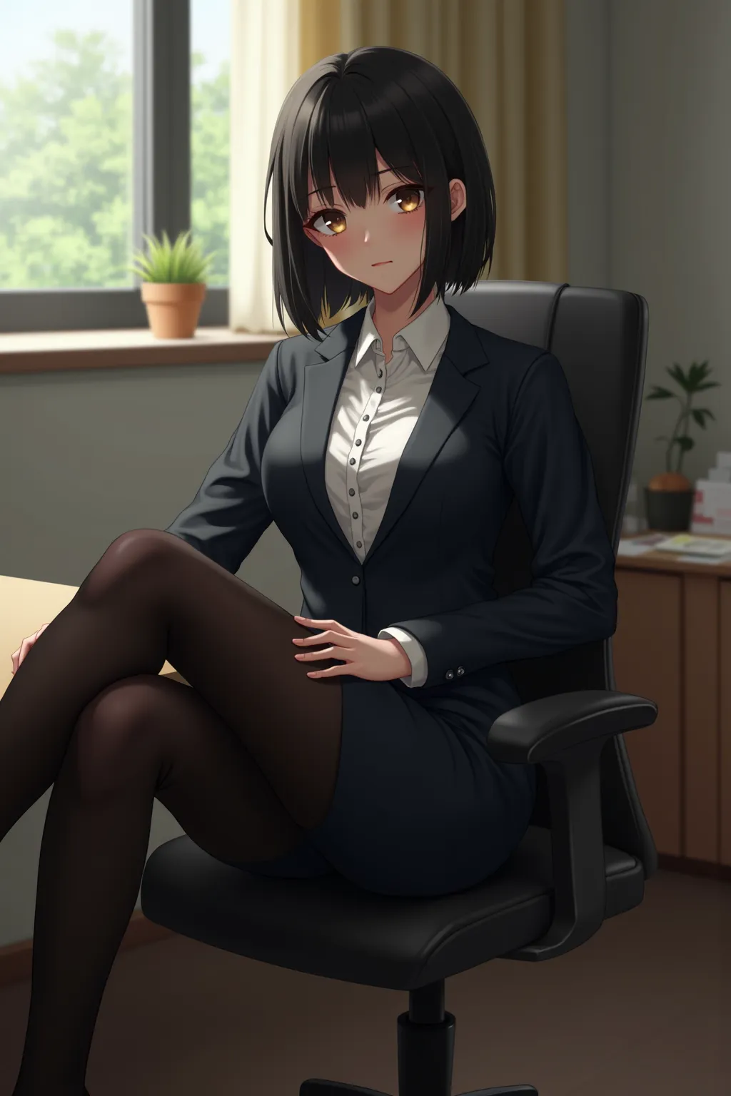 I'm sitting on a chair at work and putting my legs up on my desk　in a suit　short bob hair　 black pantyhose　 the outer corner of the eye is lowered　My forehead is showing　Very realistic texture