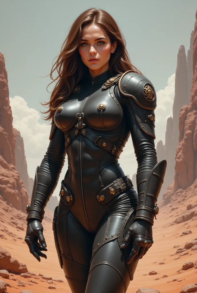 Ellen Ripley in Frazetta style black imperial 1890s space suit, background martian landscape