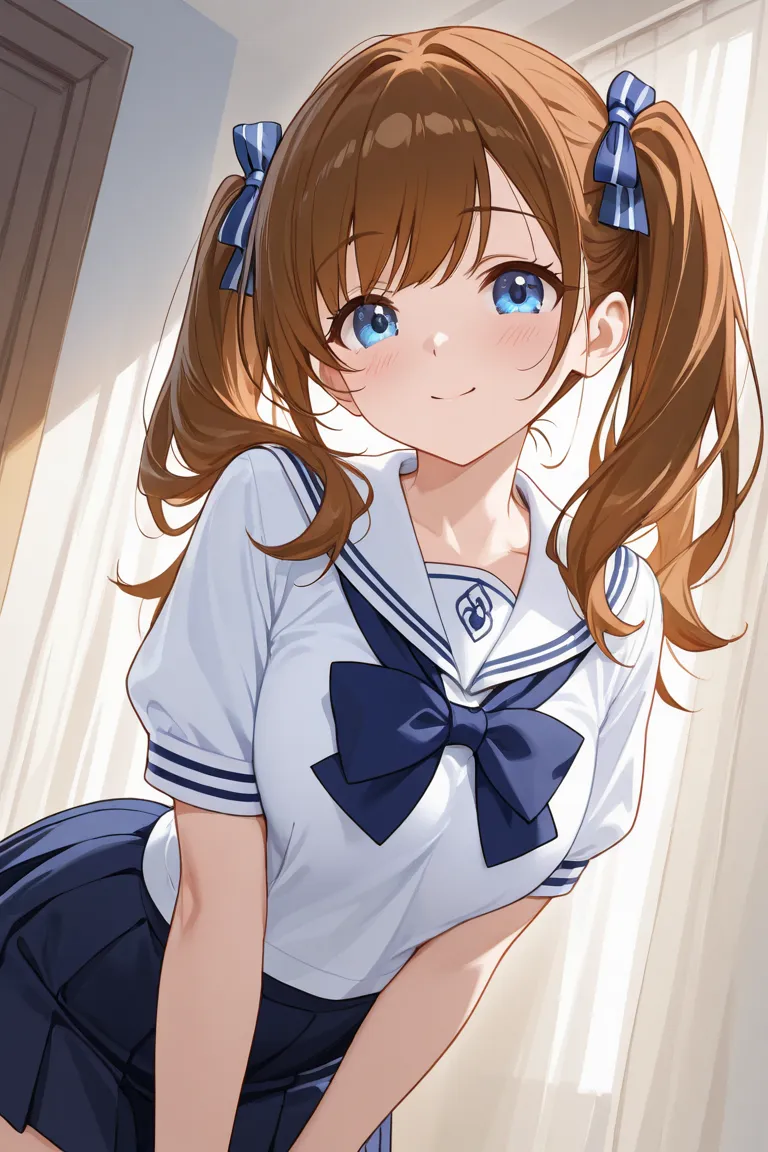  Beautiful girl, brown hair, pigtails with blue bows, long hair, blue eyes, smiling, rejoices, (short sleeved, Mini-skirt,  sailor uniform ),  large protruding chest ,  big hips, thin waist