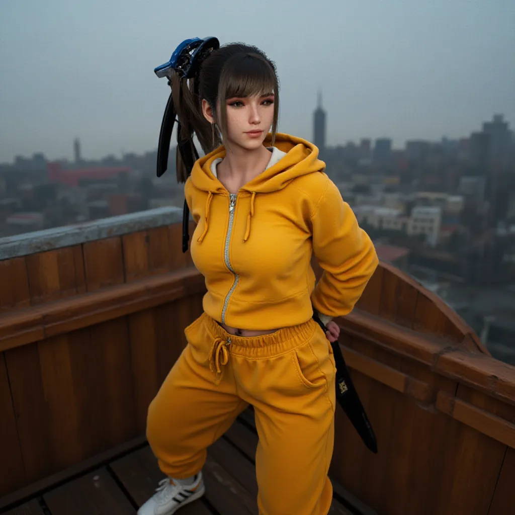 Ponytail, long black hair,(close up:1.5),(from above:1.1),Standing close inbetween the viewer and a wooden wall overlooking a city, arms down, hands behind back,Yellow zipless hoodie, High waist yellow jogging pants, White trainers shoes, Sword holstered o...