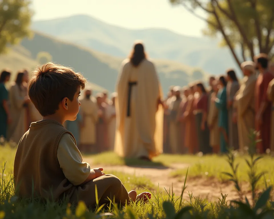  Create an image, of a boy sitting,  watching from afar , Jesus preaching to the crowd