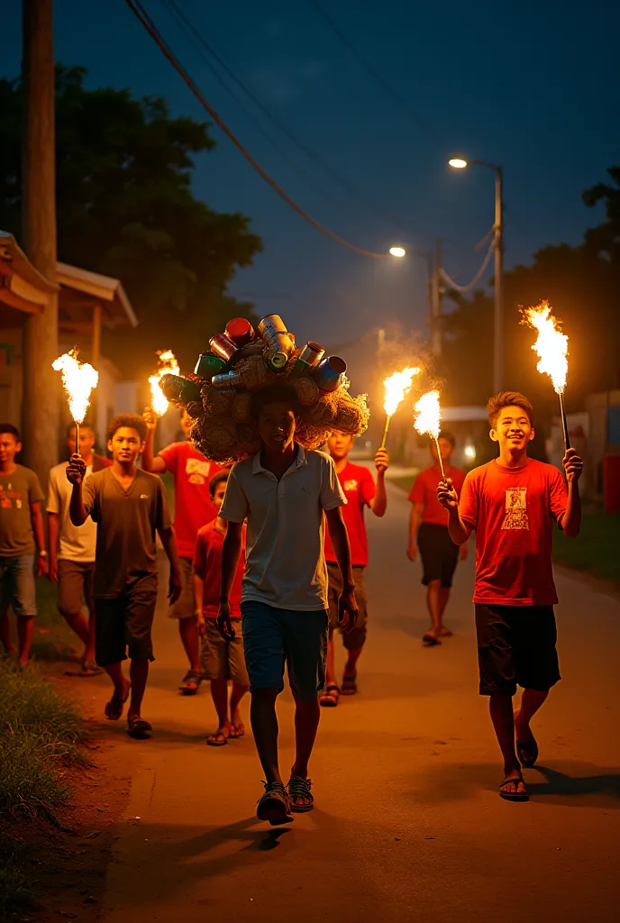 Take a photo of 10 Indonesian agers carrying various items such as pots,used cans, bedug, bottles and also torches are hitting the appliance at night on the roadside of the village and next to its many residents' houses and bright street lights, very reali...