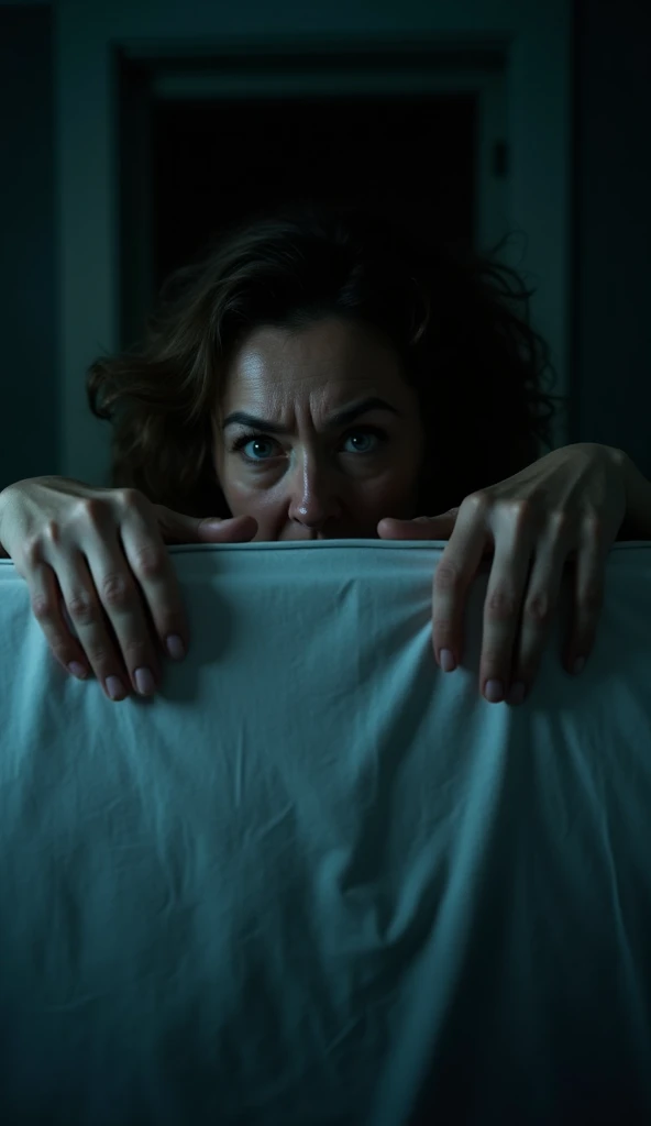 A suspenseful scene where a person, with trembling hands, cautiously lifts the edge of the bed, peering into the dark unknown. 