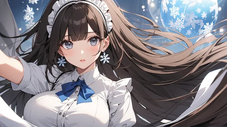 4k , 8k , it is a banner style , (only 1 female long straight black brown hair with full bangs dark blue grey eyes), part of long braid hair , very long hair, wear mini snowflake white earrings , novel , manhwa , beautiful woman , very details , perspectiv...