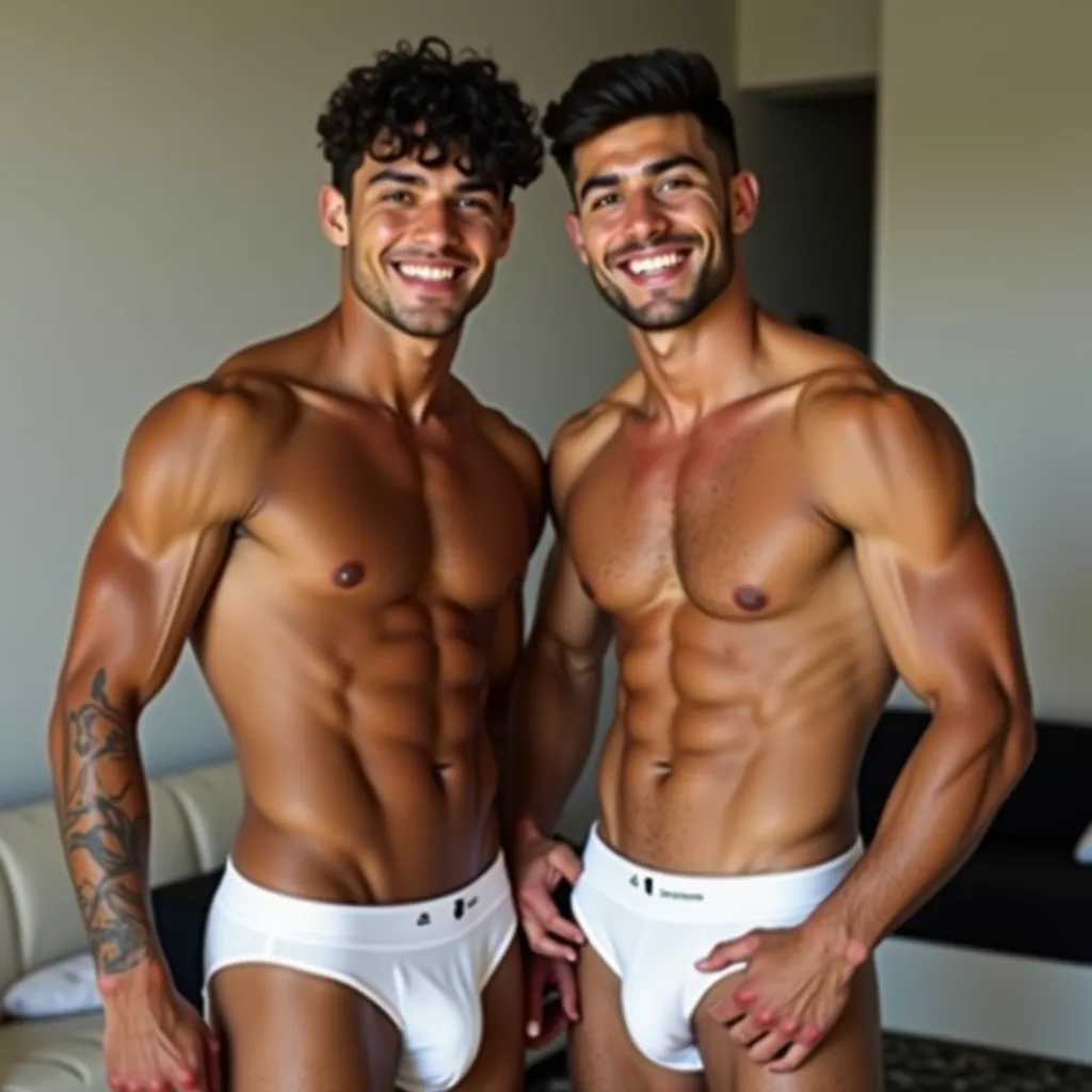 2 Latino Men ,one brown and the other naked brown , model,  Brasileiro ,fair skin , bangs on straight and short hair,with blue and green eyes ,bodies , with a thick shell, with a big, upturned ass , In the background a room and they're just in white underw...