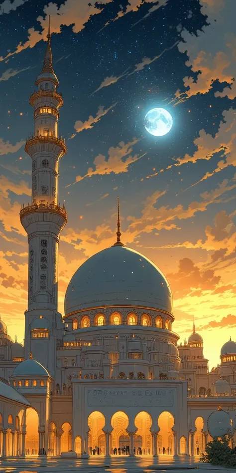 "A stunning anime-style illustration of a grand white mosque dome (Gumbad) with intricate golden details, viewed from a low-angle perspective. The architecture is elegant, featuring fine Islamic patterns and a tall, majestic minaret beside the dome. The sk...