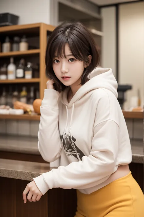  one girl、 perfect anatomy、  Correct human body  、 Layered Haircut 、  Short Wave Hair  、  A woman with a cute face、  perfect beauty  、Natural Colored Poncho Style Hoodie、 silence、white wall、Autumn Tree々々々々々々、White World and Fall Foliage々々々々々々々々、  simple ba...