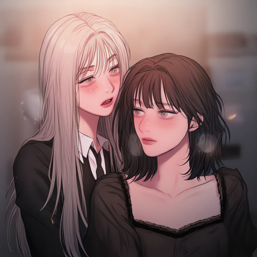 Design inspired by BAD THINKING DIARY
Two women together
Woman 1:  light blond hair ,  Hair between eyes, alfa, Formal attire
Woman 2: dark brown hair, Bangs,  Medium Hair, eyes closed, black dress