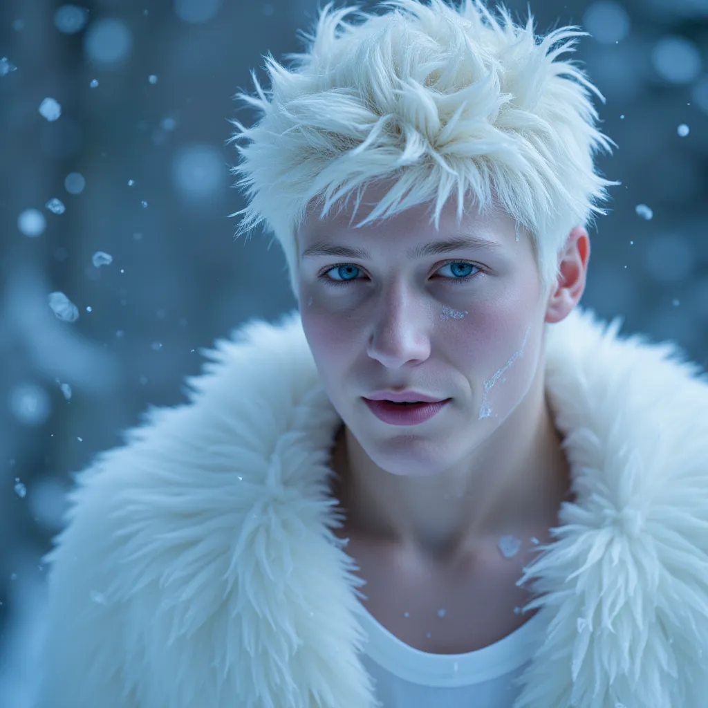 Close up picture of Jack Frost with blue eyes and snow flakes background.