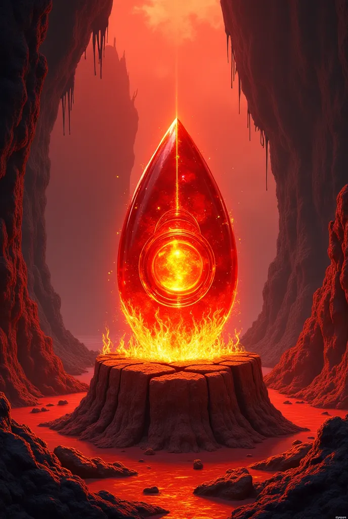 An intriguing illustration of the Eye of Zarath, a mythical relic of Arvandor associated with the fire god, Zarath. A small oval gem, with a smooth and polished surface, shining in shades of red and orange like a Living flame, with golden veins pulsating i...