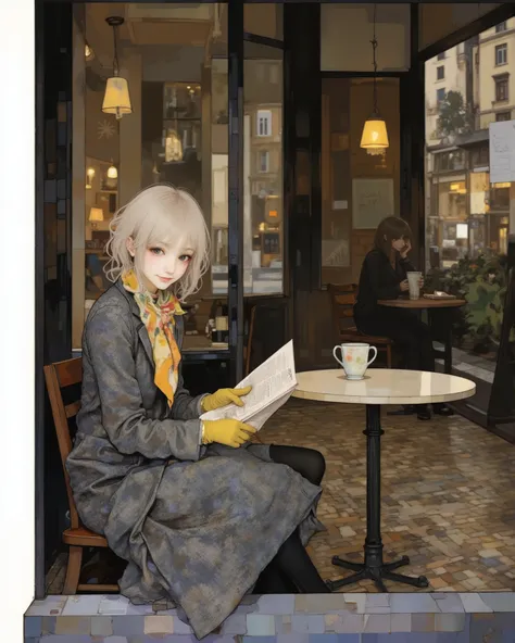 View from the sidewalk from the street through the window.Outside the window, a woman with short tousled blond hair is seen sitting half-turned by the window and reading a newspaper. A thoughtful look into the distance, through the glass.A large grey speck...