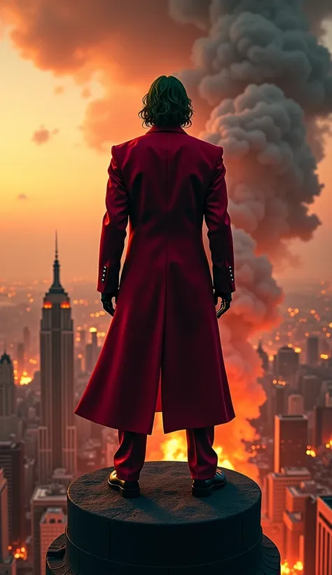 Make a photo of Joker from behind wearing a red suit at the top of a building roof at a big city looking at the below. The city is burning. Big flames, smoke and fire is everywhere. 