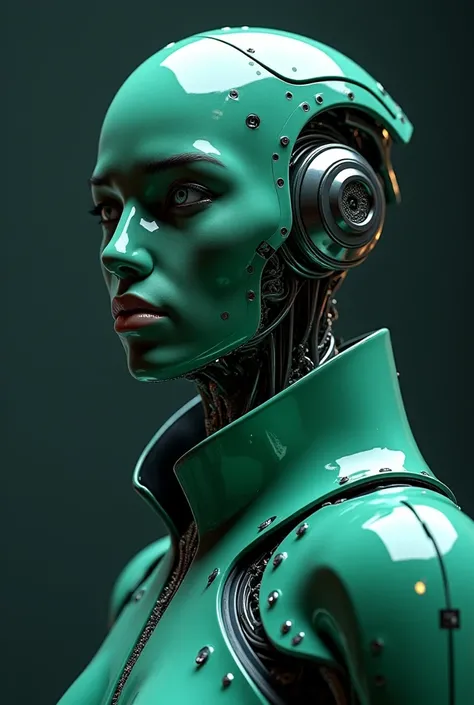 android from the series "raised by the wolves" 16k HD hyper-realistic, wearing seaweed green color latex jumpsuit