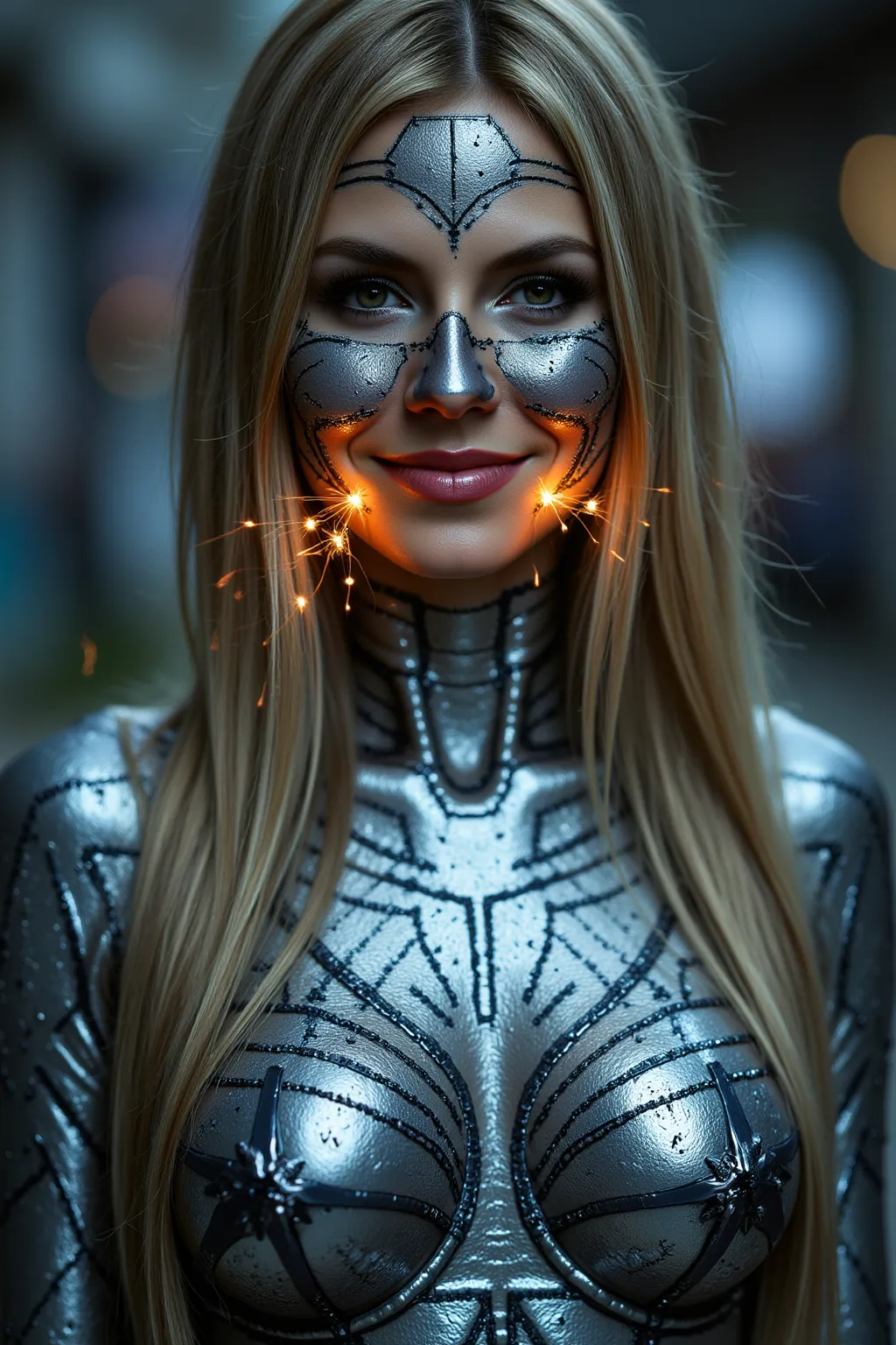 she   smiles.  is evil space alien in disguise.  blonde.   naked wearing only silver reflective mirror-like paint on her body head to toe,  Silver reflective  skin  like a mirror,      glowing breasts under the paint.  She is  bioluminescent   .  sparking ...