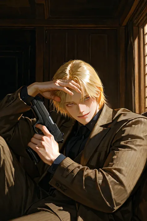 middle-aged male,  handsome,  lying, blond hair that is neatly turned back,  1 man with a gun,  dark circles under the eyes ,  short hair,  male-centered,  handsome man, Thick painted ,   Korean Comic Style  ,  semi-realistic art  ,  semi-realistic art  st...