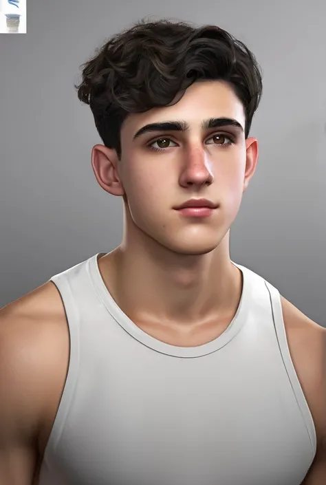 Portrait of Luis García, a normal 17-year-old male ager with short black hair, white skin and brown eyes, has a large Greek-type nose, oval face with an athletic physique in the gym and is originally from Spain. 