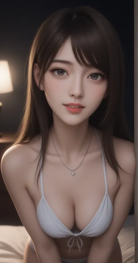 long hair,dark brown hair
BREAK
necklace,(swept bangs),jewelry, Beautiful eyes,Beautiful teeth, looking at viewer,(downblouse), (bikini:1.2)
BREAK
1 girl,medium breasts, slender body, Slim waist ,(oblong face, pointed chin),almond eyes, groomed eyebrows,th...