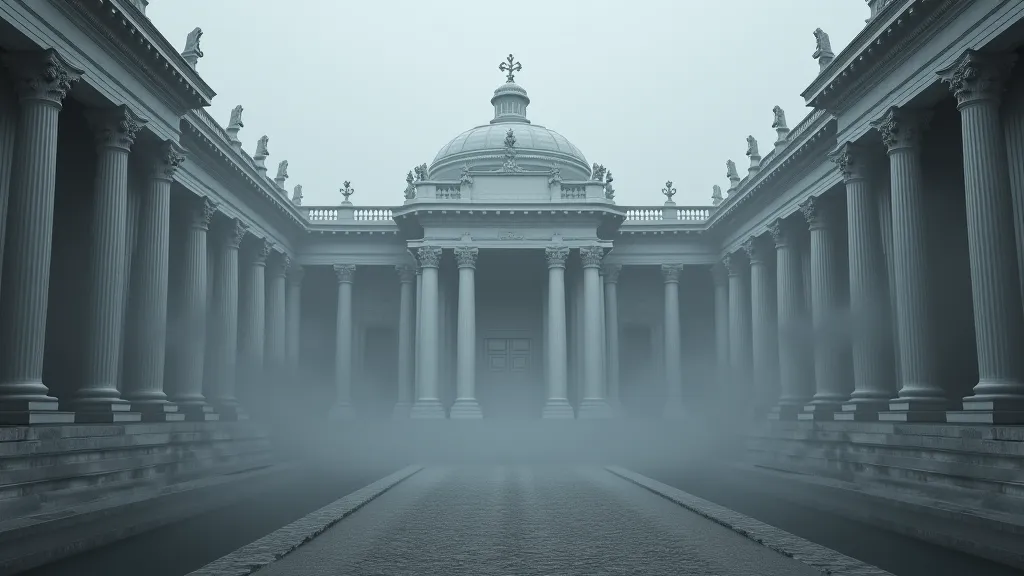  Petit palais blanc et gris, columns decorated with the fleur de lis  surrounded by a fine black mist . Mysterious mystical ambiance, realistic architecture, aesthethic