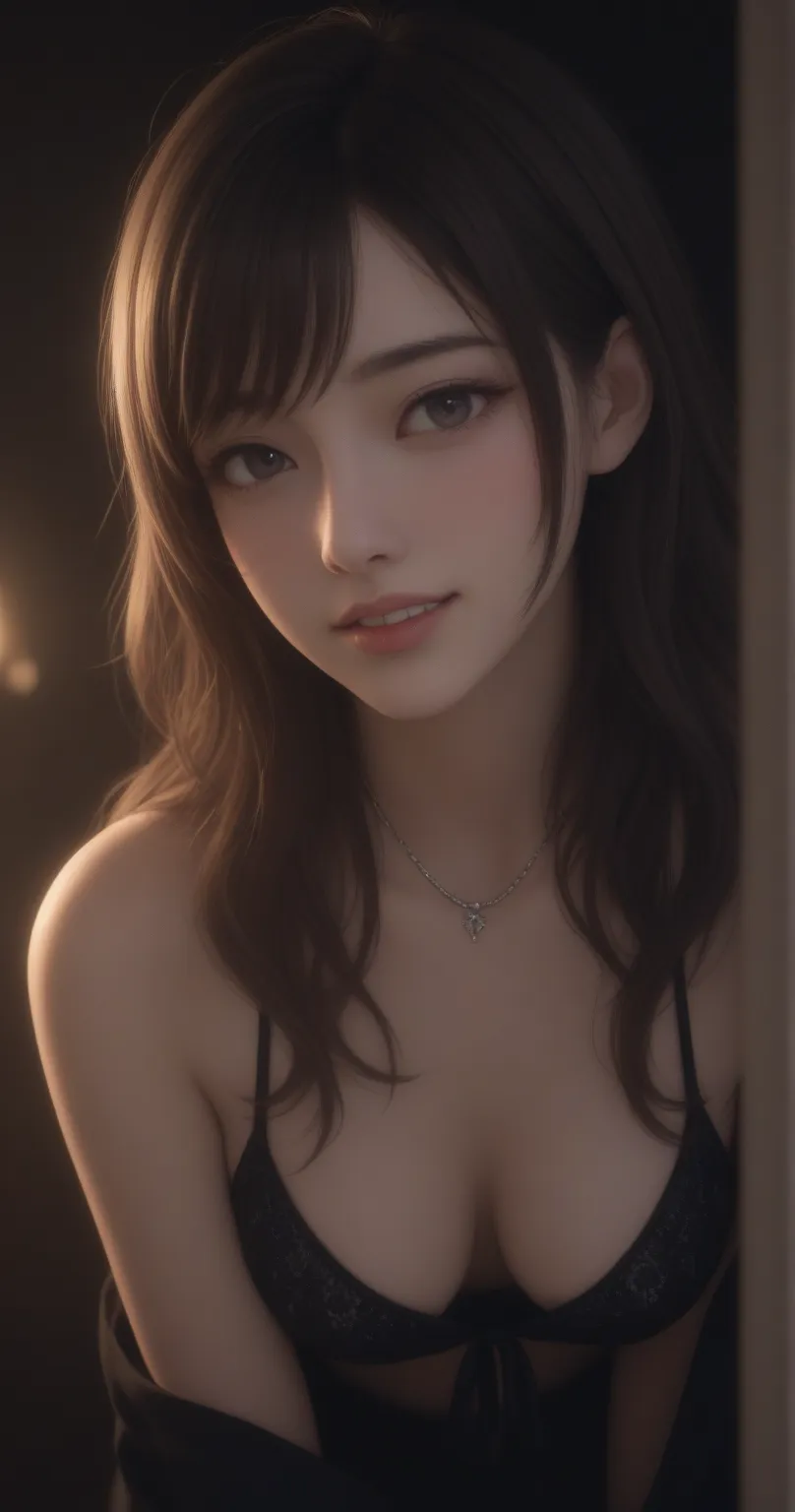 long hair,dark brown hair
BREAK
necklace,(swept bangs),jewelry, Beautiful eyes,Beautiful teeth, looking at viewer,(downblouse), (bikini:1.2)
BREAK
1 girl,medium breasts, slender body, Slim waist ,(oblong face, pointed chin),almond eyes, groomed eyebrows,th...