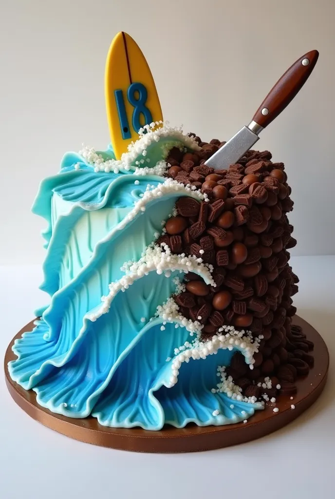 Create a cake that half is like waves like the sea and that in that half has a surfboard on the board it says it has the number 18 and in the other half of the cake that is made of chocolate with lots of chocolates and that has a knife and a knife say Zuri...