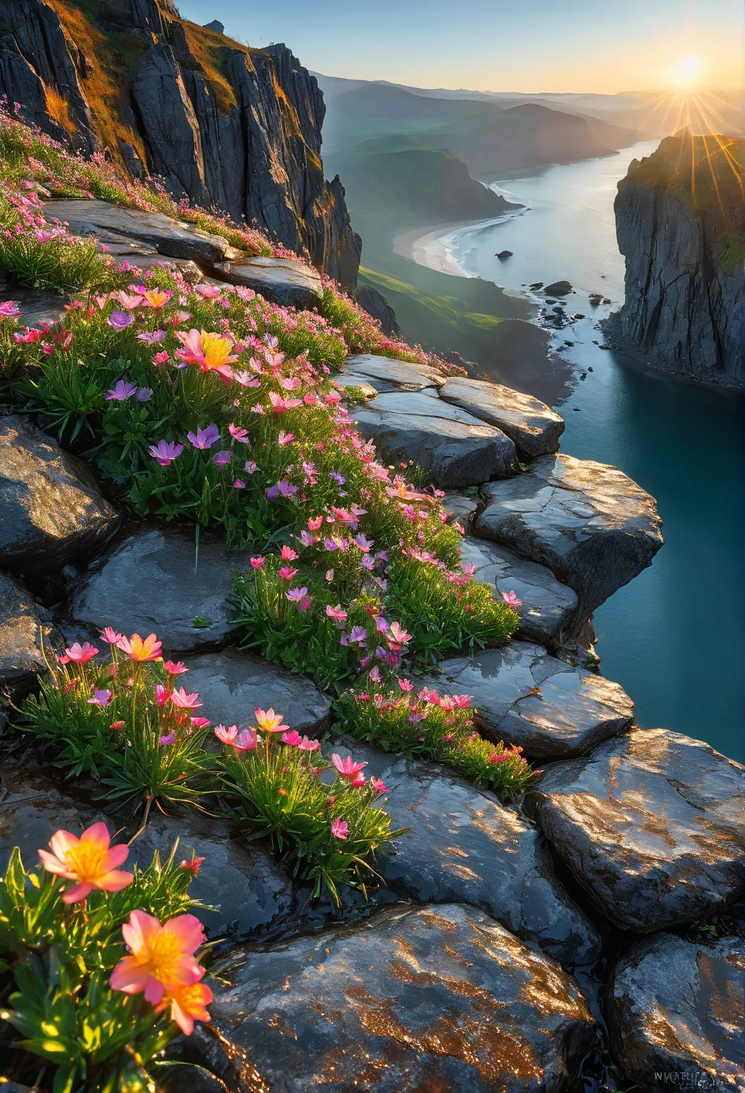 The first rays of sunlight in the morning，cliff，Dew drops on beautiful flowers in cracks of rocks，(sunrise)，Beautiful picture，HD Wallpapers