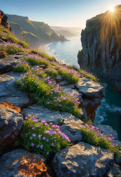 The first rays of sunlight in the morning，cliff，Dew drops on beautiful flowers in cracks of rocks，(sunrise)，Beautiful picture，HD Wallpapers