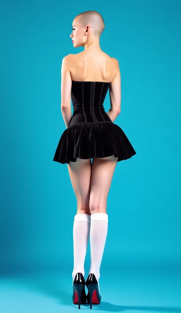 Young white girl standing in a blue studio. she is wearing a black corset and a black velvet accordin miniskirt. she has a bald head, white thick knitted over-the-knee socks and black stilettos heels with high soles. she has wide hips and big breasts. She ...