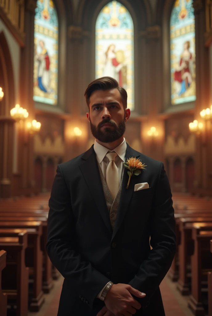 groom waiting at the altar, highly detailed, photorealistic, masterpiece, 8K, HDR, cinematic lighting, dramatic atmosphere, church interior, stained glass windows, wooden pews, candles flickering, emotional expression, nervous anticipation, elegant wedding...