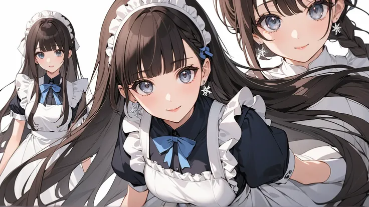 4k , 8k , it is a banner cover style , (only 1 female long straight black brown hair with full bangs dark blue grey eyes), part of long braid hair , very long hair, wear small snowflake white earrings , novel , manhwa , beautiful woman , very details , per...