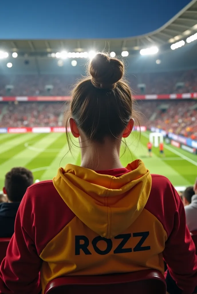 A young woman with long brown hair tied in a bun sits in the stands of a football stadium, watching the match. He wears a red and yellow sweatshirt with ROZZ written on the back. This environment leaves those watching the match behind, and the atmosphere i...