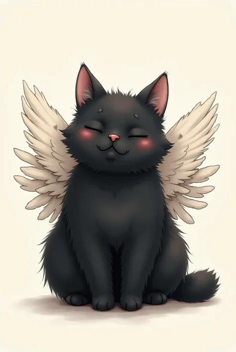 I want a black cat with angel wings! Make it a sketch  de dibujo. That the cat is half fat. That the cat is completely black. That it has three wings on each side. Make the cat more realistic and cute. Make it a sketch  