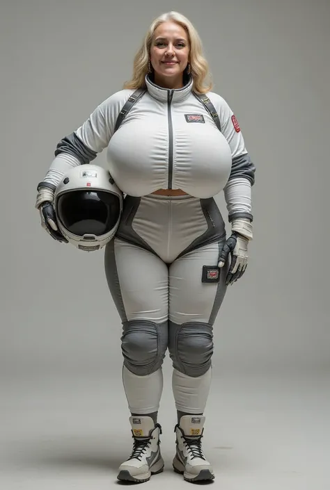 A 75-year-old woman with a thick figure. Standing at a short, full-length. In spaceship suit, with helmet in ger hands. Slim legs and hips.